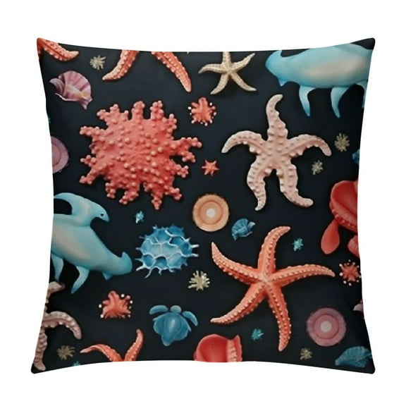 Dolphin Starfish Crab Octopus Kraken Pattern Throw Pillow, , Multicolor