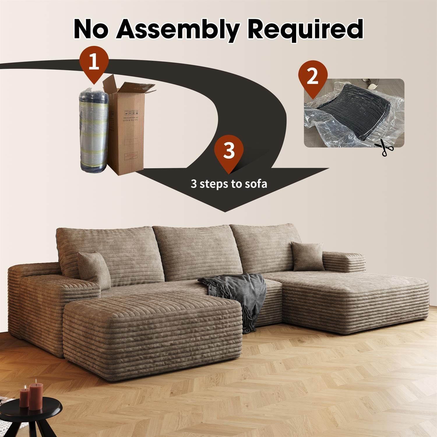 Demi Bonn 107" U-Shaped Sectional Sofa with Ottoman, Modern Plush Corduroy Fabric Deep Seat Upholstered Couch Living Room Comfort, No Assembly, Beige