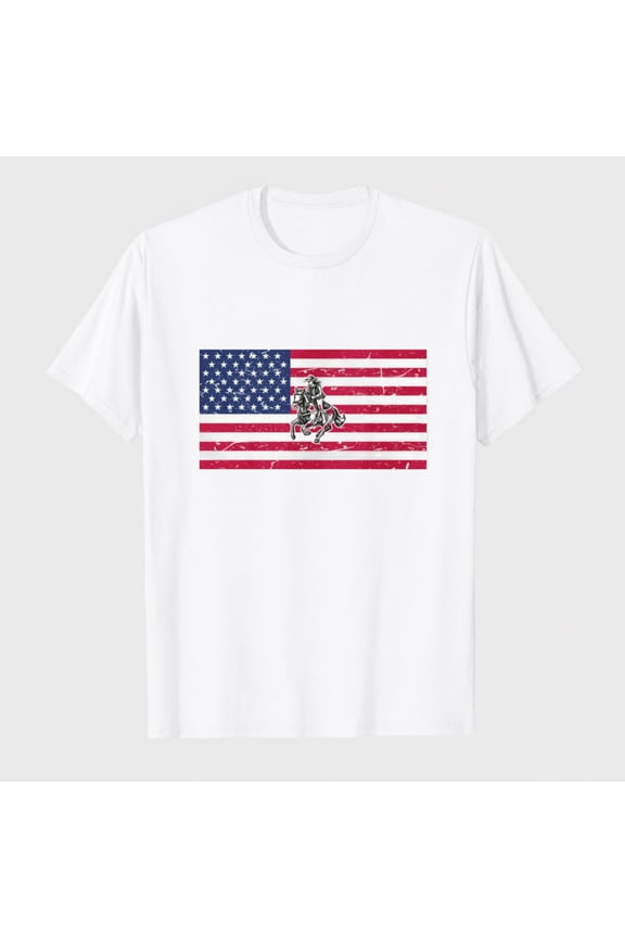 Men 100% Cotton T-Shirt Patriotic Western Rodeo Graphic Vintage Style for Independence Day Casual Wear