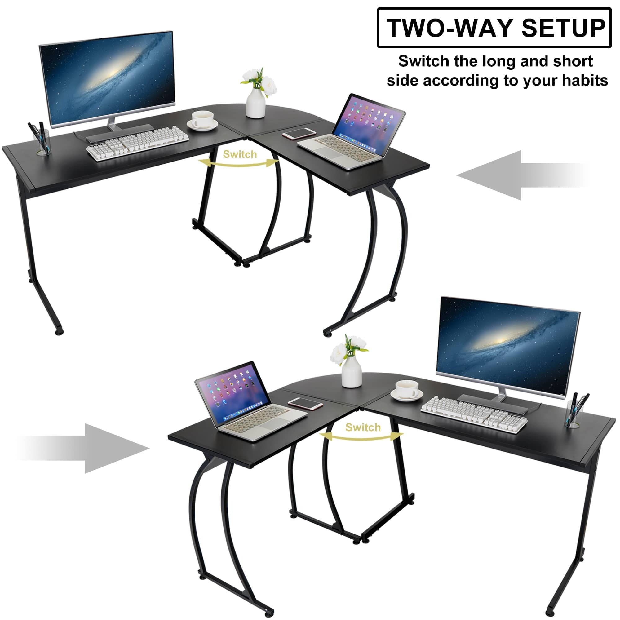 ZENY Modern L-Shaped Laptop Corner Desk Computer Desk Table Writing Workstation, Black, Anti-Rust