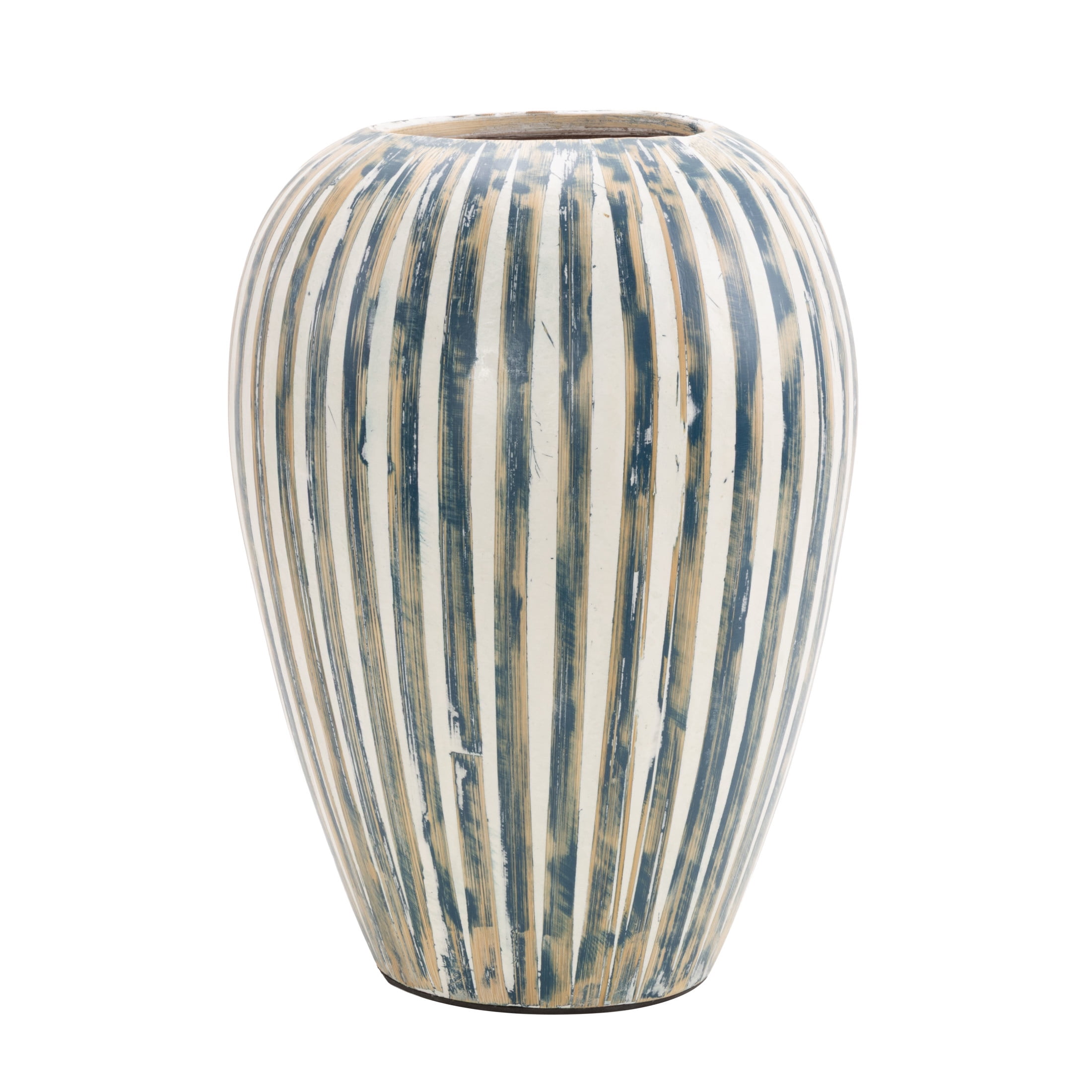 DecMode 14" Brushed Blue Bamboo Wood Vase with Cream Accents and White Stripes
