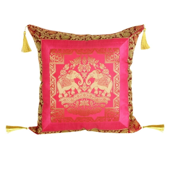 Stylo Culture Indian Brocade Living Room Throw Pillow Sham Cover Magenta Pink Gold 18x18 Jacquard Tassels Sofa Cushion Cover 45 x 45 cm Polydupion Silk Zippered Elephant Pillow Case | 1 Pc