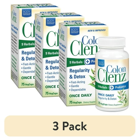 (3 pack) BodyGold Colon Clenz Regularity & Detox Formula | Once Daily Support with 9 Herbs + Active Probiotics | 75 CT
