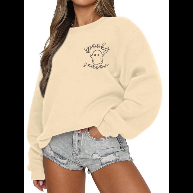 Sudadera de Halloween para Mujer, Suéter Bordado de Temporada Espeluznante, Suéter de Otoño Fantasma. Albaricoque L