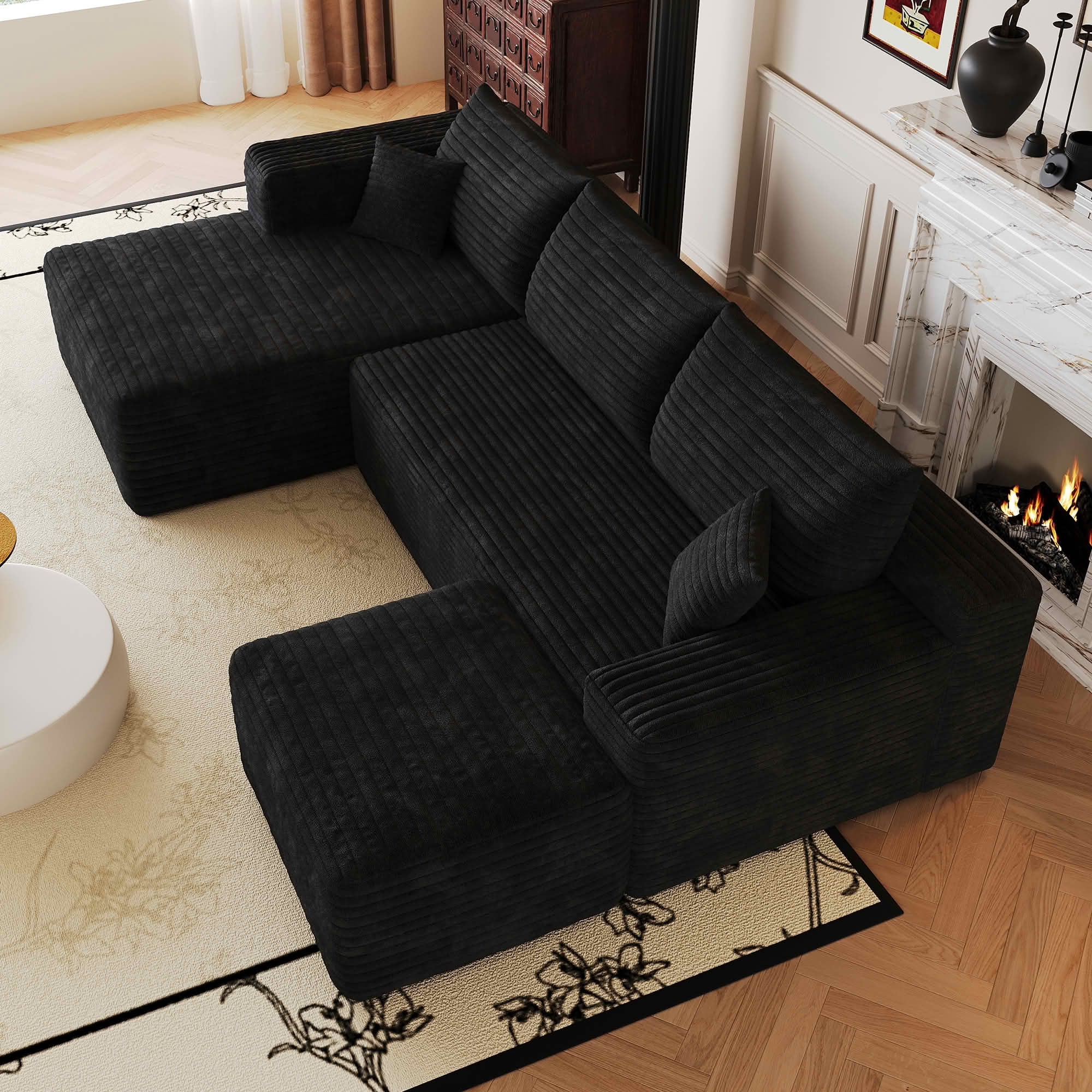 MAYEERTY 103 Inch L‑Shaped Cloud Sectional Sofa with 1 Ottoman, Modern Minimalist Deep‑Seat Corner Couch, Plush Corduroy Upholstered Reversible Sofa, No‑Assembly Required for Living Room Apartment