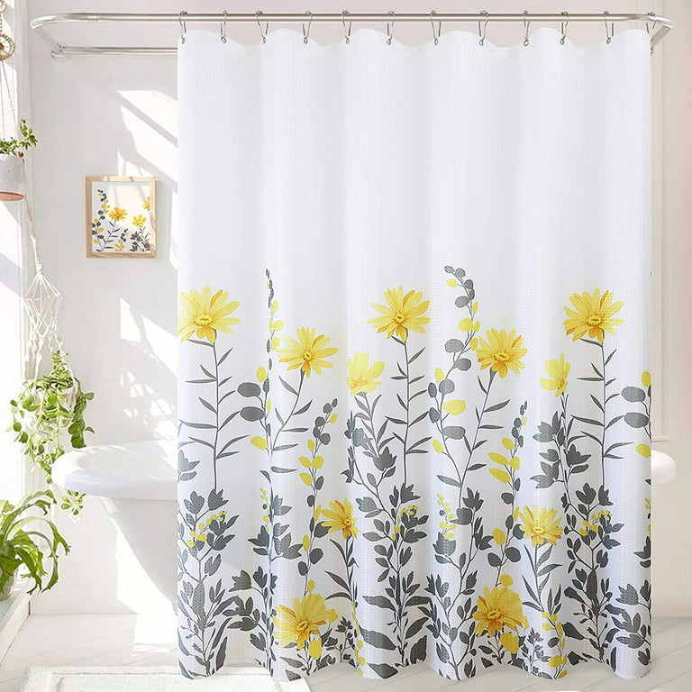 Floral Yellow Shower Curtain Set Flowers White Shower Curtains with 12 Hooks  Botanical Waffle Weave Fabric Shower Curtain Rings Bathroom Boho Restroom  Water Repellent Grey Gray 72x72 Inch 