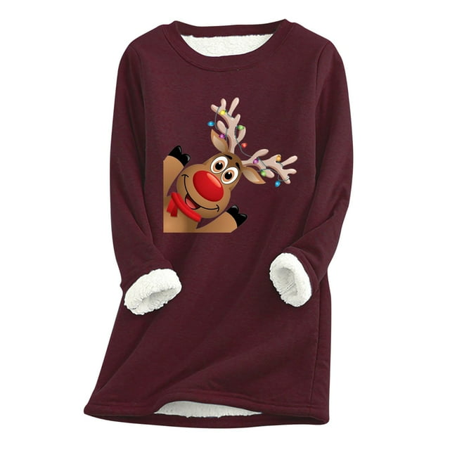 Lolmot Mode Femme Noël Imprimé Manches Régulières Hiver Ample Vacances Décontracté Col Rond Chemise Hauts