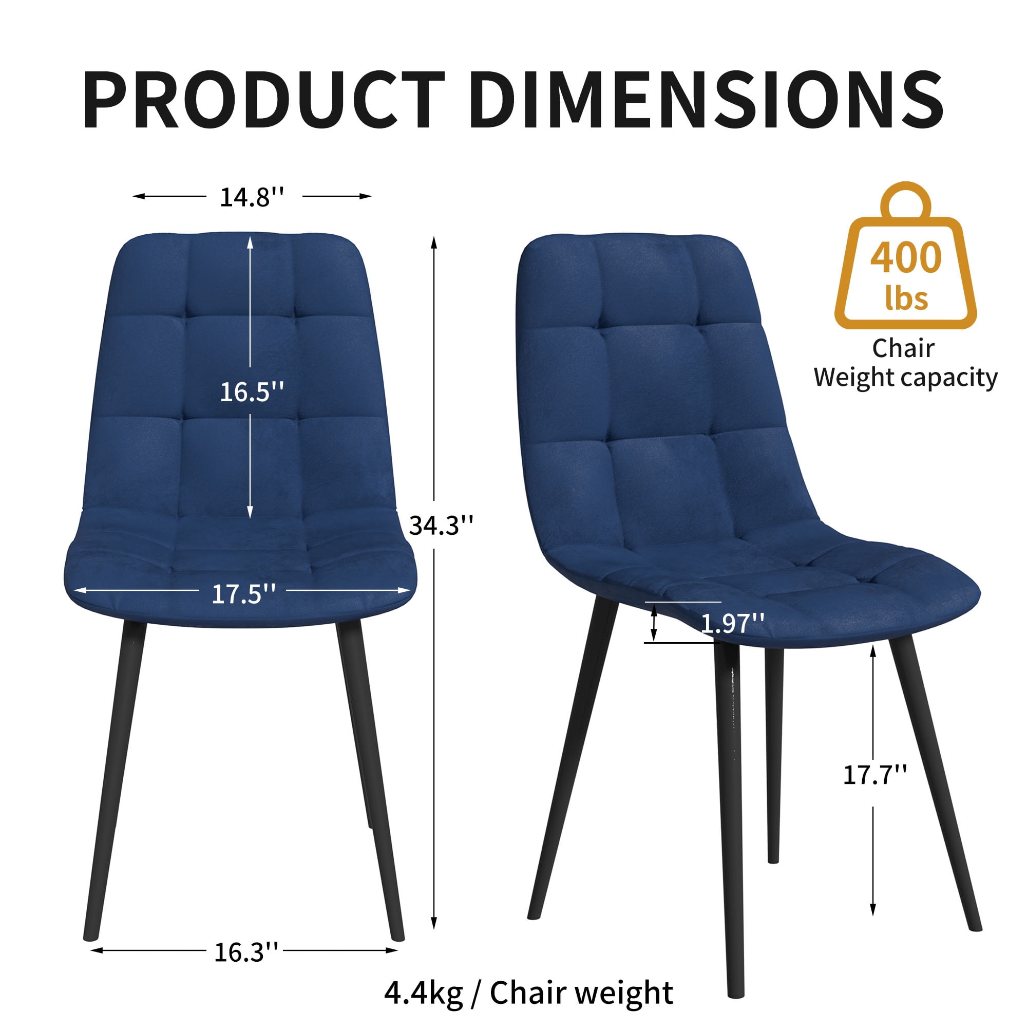 SHGJ&SOFT Velvet Dining Chairs Set of 4, Mid Century Modern Upholstered Fabric Chairs with Metal Legs Adjustable Pads for Kitchen Living Room Dining Room. (BLUE, 4PC)