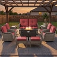 thumbnail image 2 of Patiobula Patio Furniture Set with Propane Fire Pit Table, 10 Pieces Outdoor Sectional Couch, Brown Wicker Rattan Conversation Loveseat Glider with Swivel Chair Ottomans for Backyard Deck, Red, 2 of 15