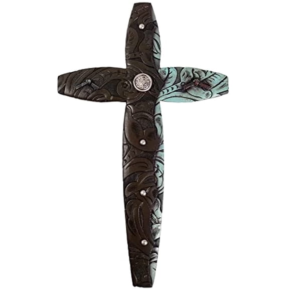 Urbalabs Western 20 Inch Wall Cross Floral Pasley Teal and Brown Wall Hanging Cross Country Wall Decor Room Decoration Office Church Home (Floral)