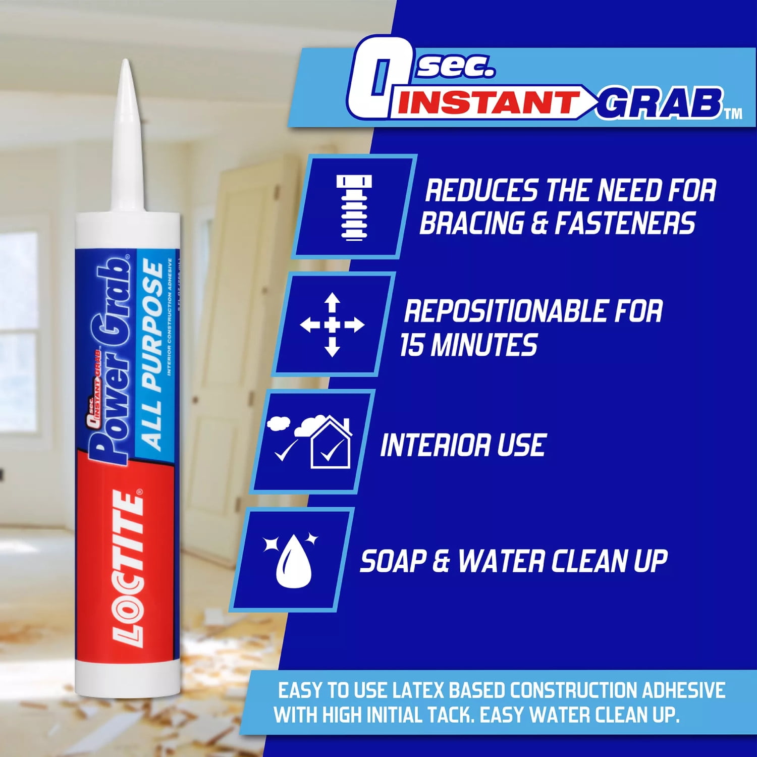 (6 pack) Loctite Power Grab Construction Adhesive All Purpose, Pack of 1, White 9 fl oz Cartridge