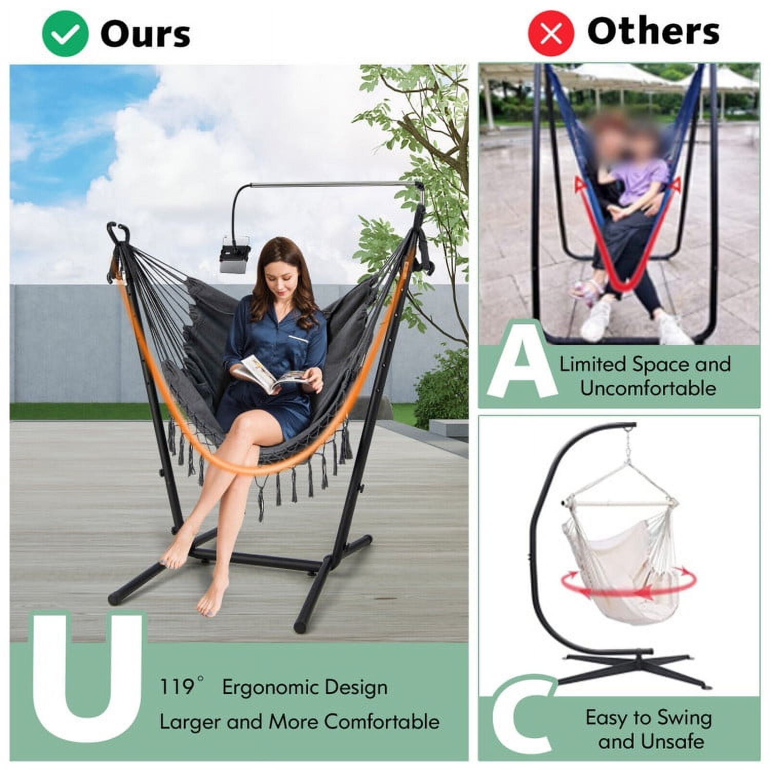 Aimee Lii Height Adjustable Hammock Chair with Phone Holder and Side Pocket, Comfy Outdoor Chair, Gray