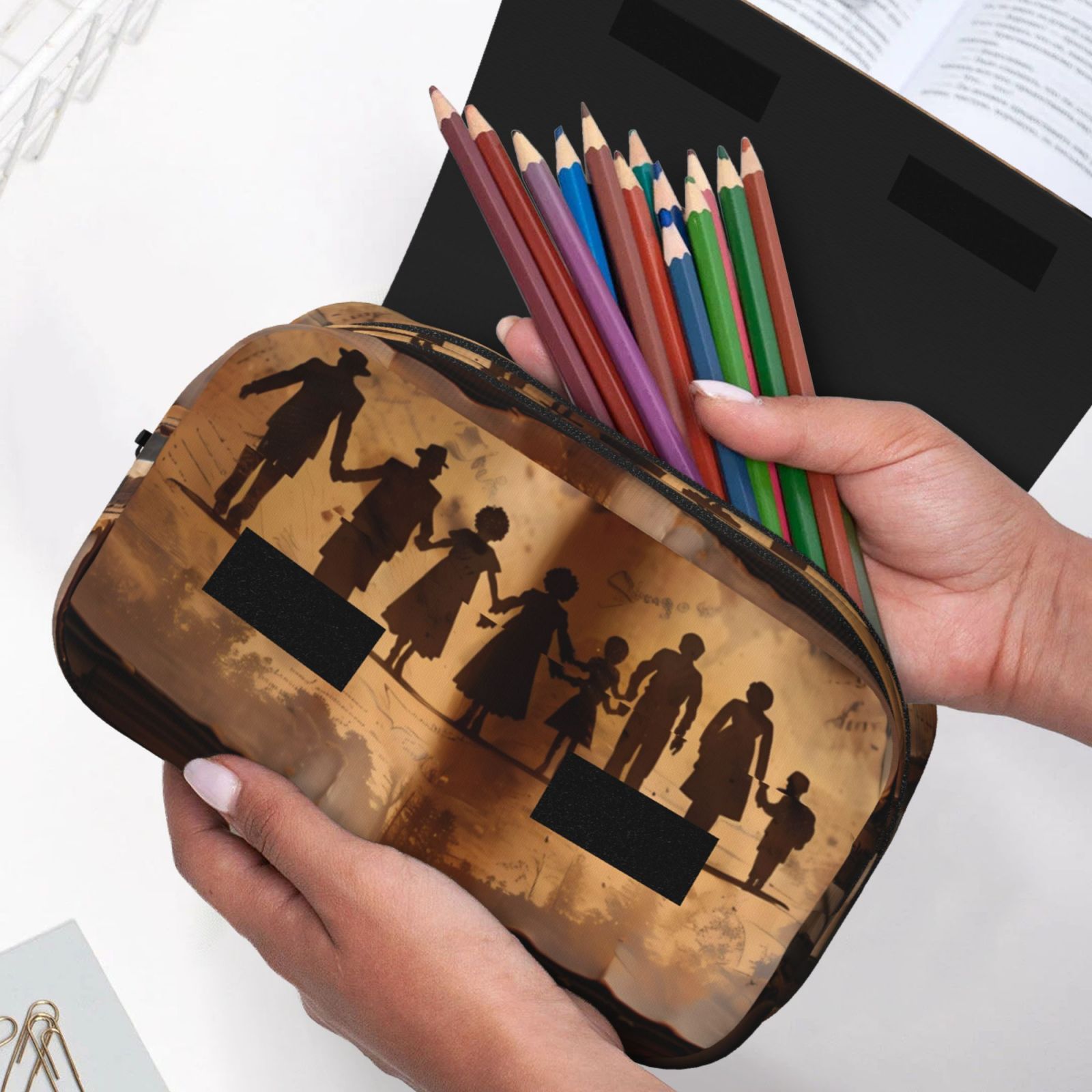 Rateoe Vintage Family History Book Pattern Double Clamshell Pen Case, Storage Organizer with Two Zipper Compartments– Holds Up to 50 Pencils & Pens