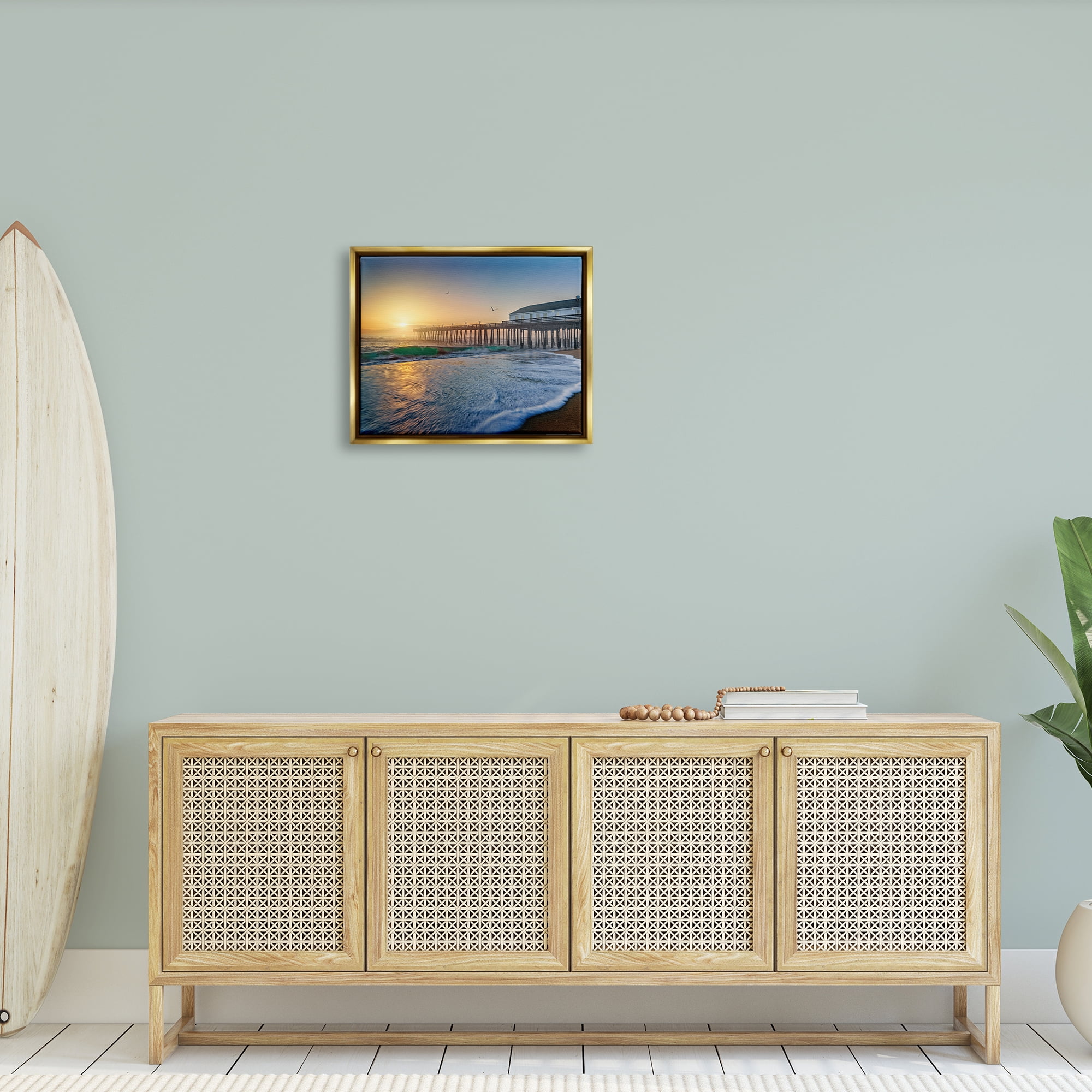 Stupell Sunlit Coastal Pier Ocean Foam Landscape Photography Gold Floater Framed Art Print Wall Art