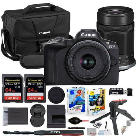 Canon EOS R50 Mirrorless Camera with 18-45mm & 55-210mm Lens Bundle with Canon 200ES EOS Shoulder Bag   2X 64GB Extreme Memory Cards   Accessory Kit