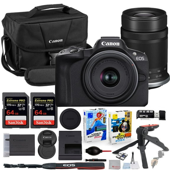 Canon EOS R50 Mirrorless Camera with 18-45mm & 55-210mm Lens Bundle with Canon 200ES EOS Shoulder Bag   2X 64GB Extreme Memory Cards   Accessory Kit
