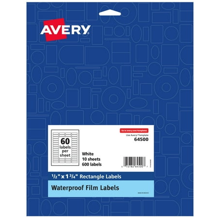 Avery Printable Waterproof Labels, 600ct 0.5" x 1.75" Rectangle, White Durable Film (64500)