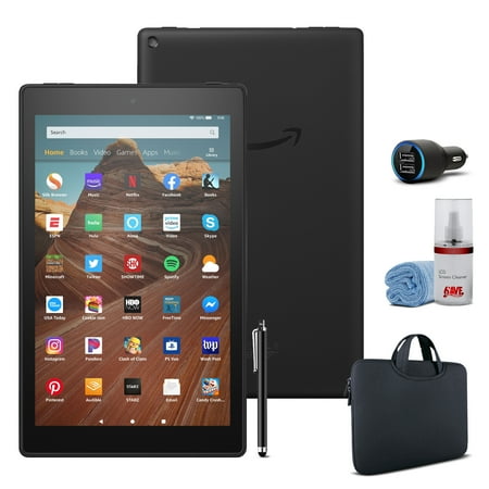 Amazon Fire HD 10 64GB 10.1" Tablet (2019) - Black Bundle with Zipper Sleeve + USB Car Adapter + Stylus + Screen Cleaner