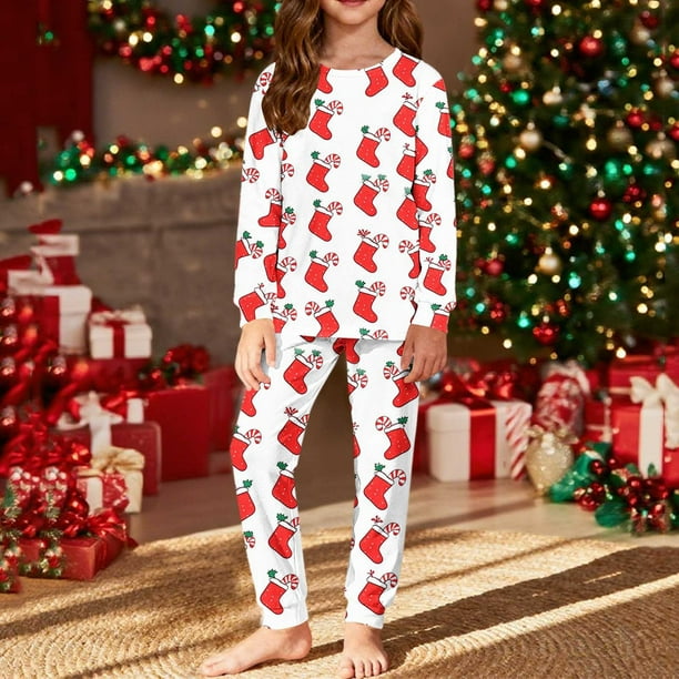 Conjuntos de blusas y camisas de cuello redondo y manga larga con estampado navideño para niños Camisa de manga larga con cuello redondo y cintura elástica Pantalones largos Conjunto de traje de casa