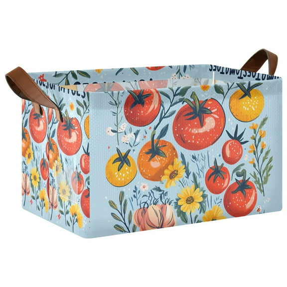 Yayeee Foldable Storage Basket for Shelves with Handles Waterproof Cloth Bins, Yellow Floral Tomatoes