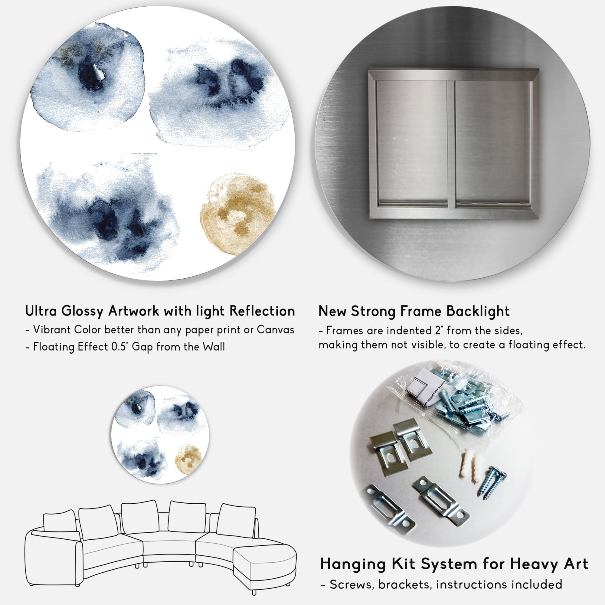 Designart 'Abstract Of Gold and Dark Blue Cloud' Modern Circle Metal Wall Art 36x36 - Disc of 36