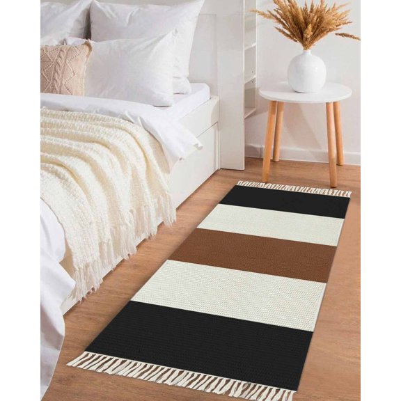 Brown Black White Boho Hallway Runner Rug 2x5ft,Contemporary Modern Art Washable Woven Living Room Bedroom Kitchen Bathroom Carpet with Tassels,Indoor Outdoor Throw Door Mat for Entryway