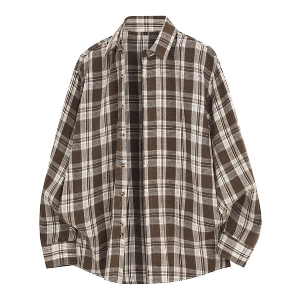 Camisas de los Hombres de Manga Larga Casual Vintage Comprobar Cuadrado Botón Abajo Collar de Solapa, Manga Larga Blusa Moda Superior