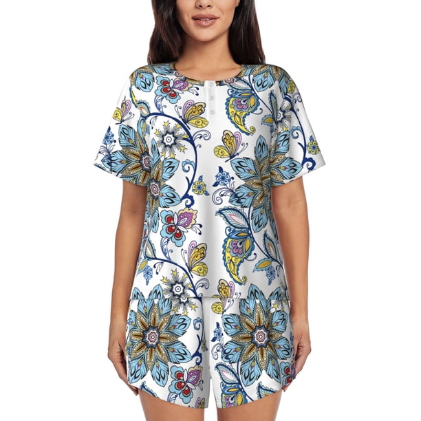 Fotbe Flowers and Butterflies Conjunto de Pijama Estampado para Mujer, 2 Piezas, Ropa de Dormir con Camiseta de Manga Corta y Shorts Suaves-Large
