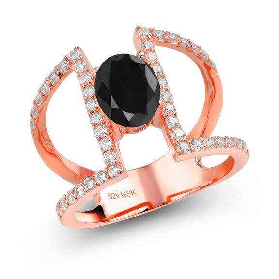 Gem Stone King 2.32 Ct Oval Black Sapphire 18K Rose Gold Plated Sterling Silver Ring (Size 5) (Size 5)