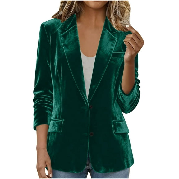 TEAJOPSUU Women's Velvet Blazer Business Notched Lapel Button Front Work Jacket Fall Fashion Long Sleeve V Neck Jacket Coat with Pockets A-Green