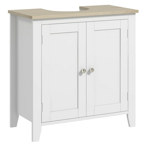 kleankin Under Sink Organizer, Bathroom Vanity Cabinet - White Pedestal Sink Storage, Adjustable Shelf, Space Saving - 23.5" W x 11.75" D x 23.5" H White   MDF