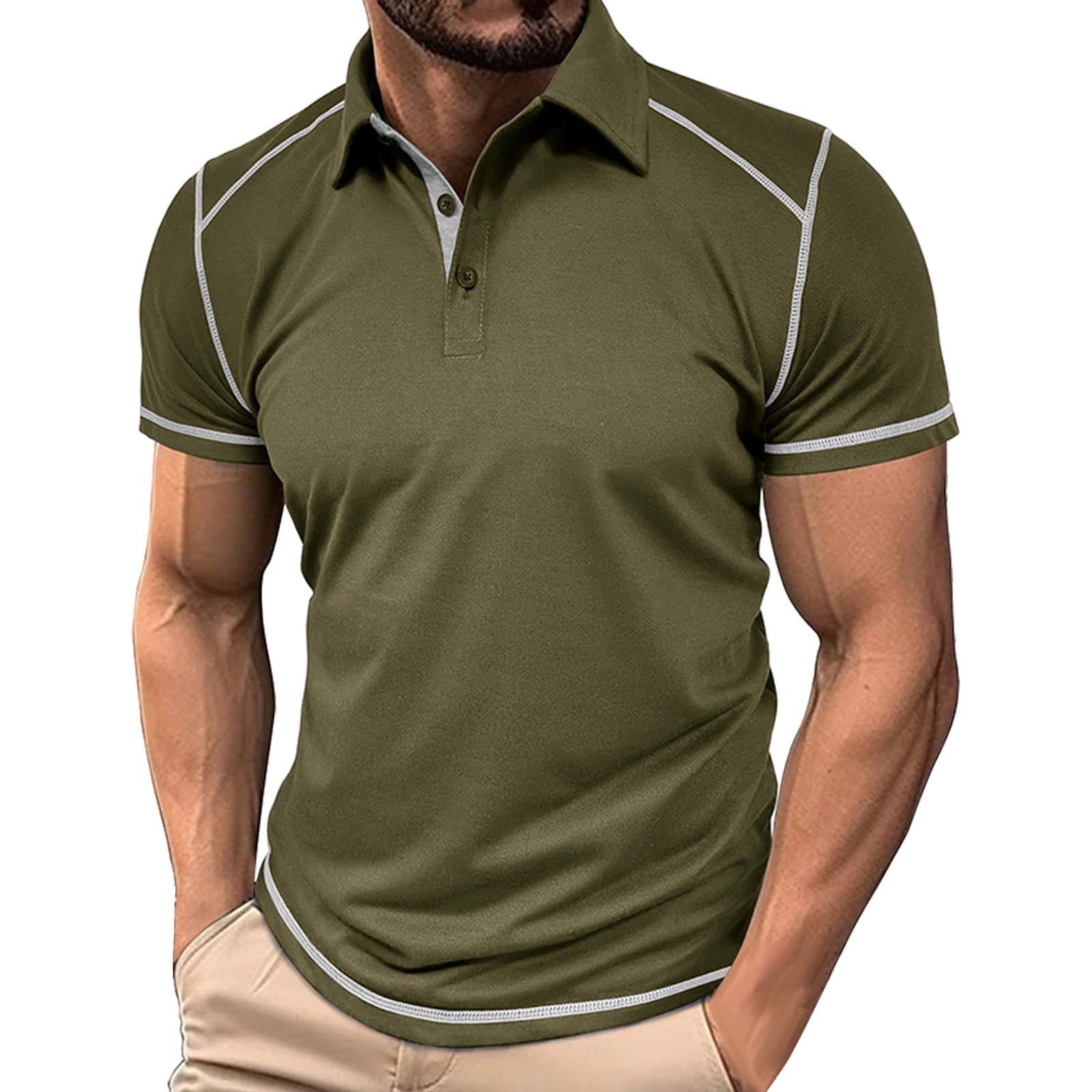 Mens Polos Tops Button Down Solid Color Striped Short Sleeve Mens Summer Clothing,Green,M