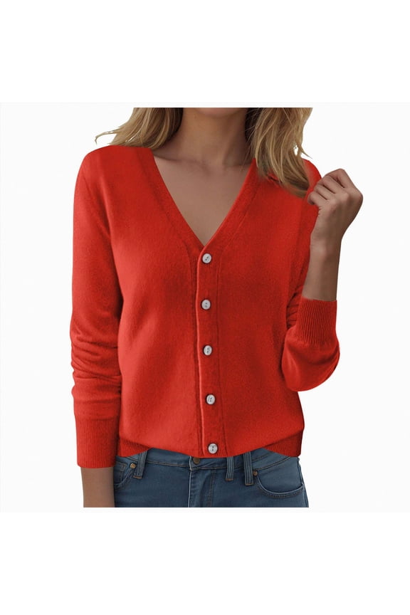 Women's Cotton Lightweight Cardigans Long Sleeve Knitted Button Down SweaterRed,L