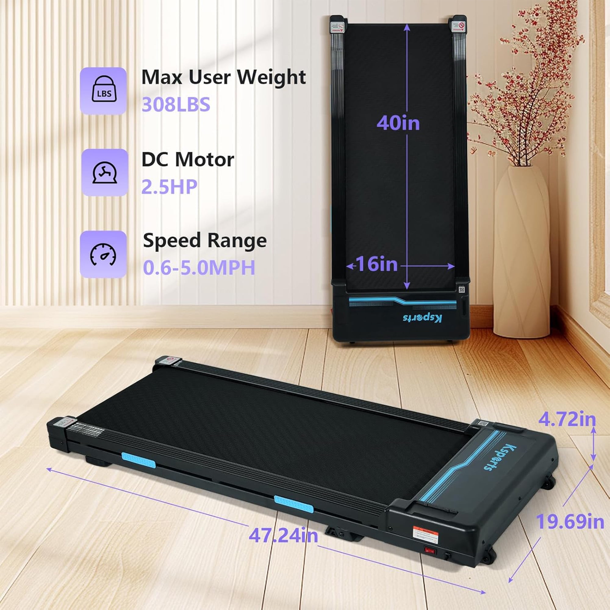 Ksports Under Desk Walking Pad Treadmill w/ Manual Incline & Wheels, 2.5 HP