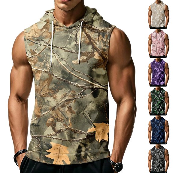 Men’s Sleeveless Hoodie Vest with Drawstring Hood and Front Pocket Casual Loose Fit Camouflage Print Athletic Top for Outdoor Activities