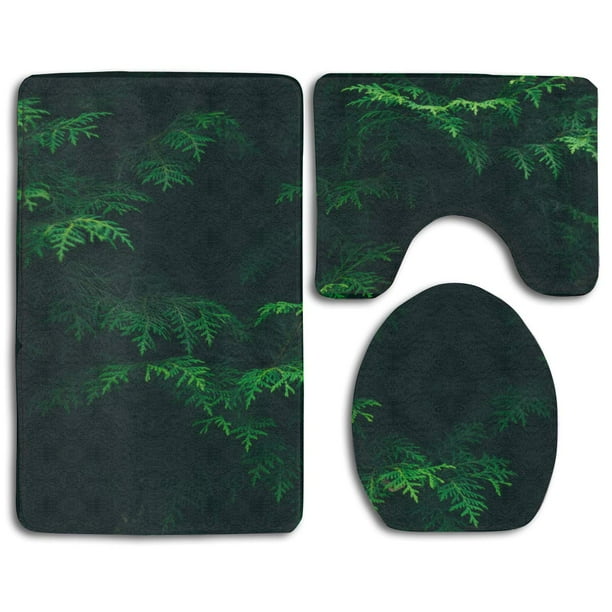 PUDMAD Green Forest Art Painting 3 Piece Bathroom Rugs Set Bath Rug Contour Mat and Toilet Lid