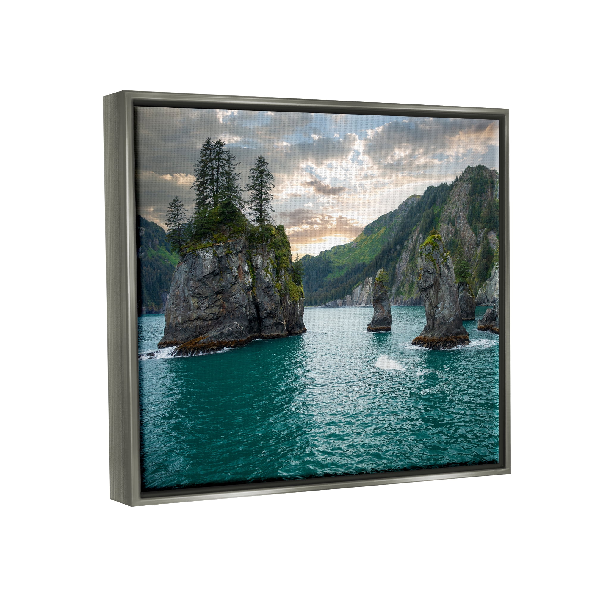 Stupell Industries Nature Cliffs Jutting from Sea Landscape Photography Gray Floater Framed Canvas Art Print Wall Art, 21 x 17