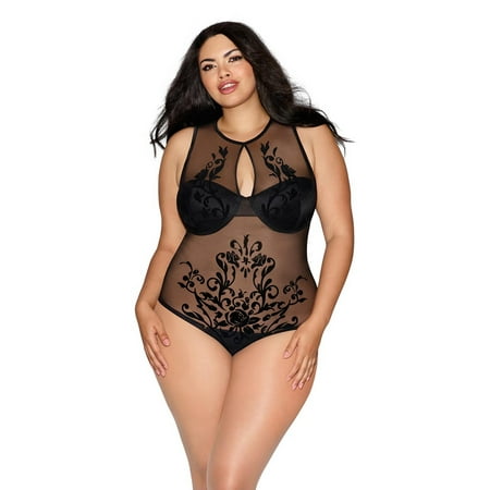 Cotton Teddies - Plus Size Sheer Rose Motif Underwire Keyhole Overlay Teddy Lingerie 2x 20/22