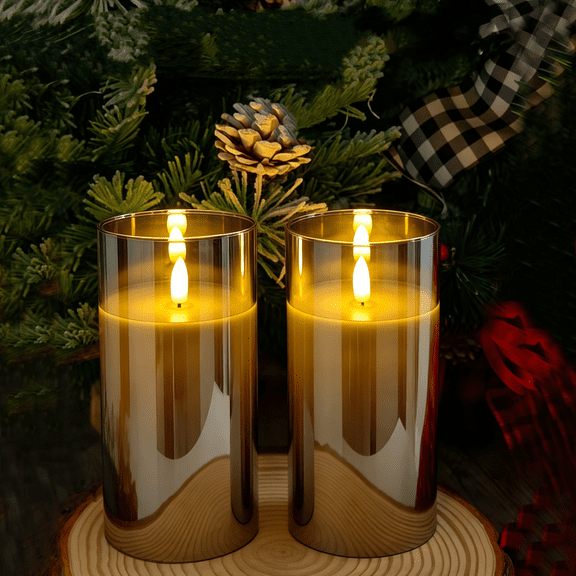 Goyuon 6-inch Flameless LED Candle, 3D Wick Real Wax Acrylic Pillar with Remote Timer, Grey