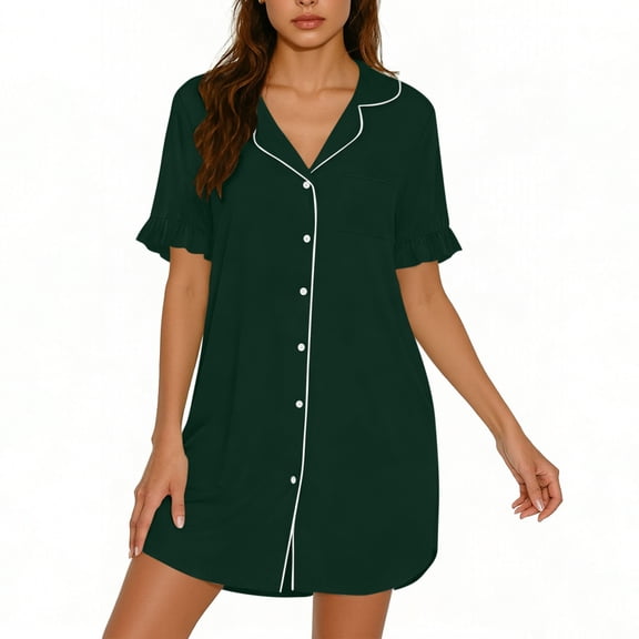 Gamivast Shirt Dresses for Women Short Sleeve V-Neck Button Down Mini Dress With Pocket Loose Fit Casual Style Ruffle Sleeve House Dress Sleepwear Wear