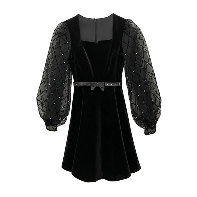 Autumn Winter Black Velvet Patchwrok Mesh Mini Dress Women