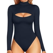 SMZ Mock Neck Cutout Front Top Long Sleeve Bodysuits for Women Cutout Bodysuit Piece Bodysuit