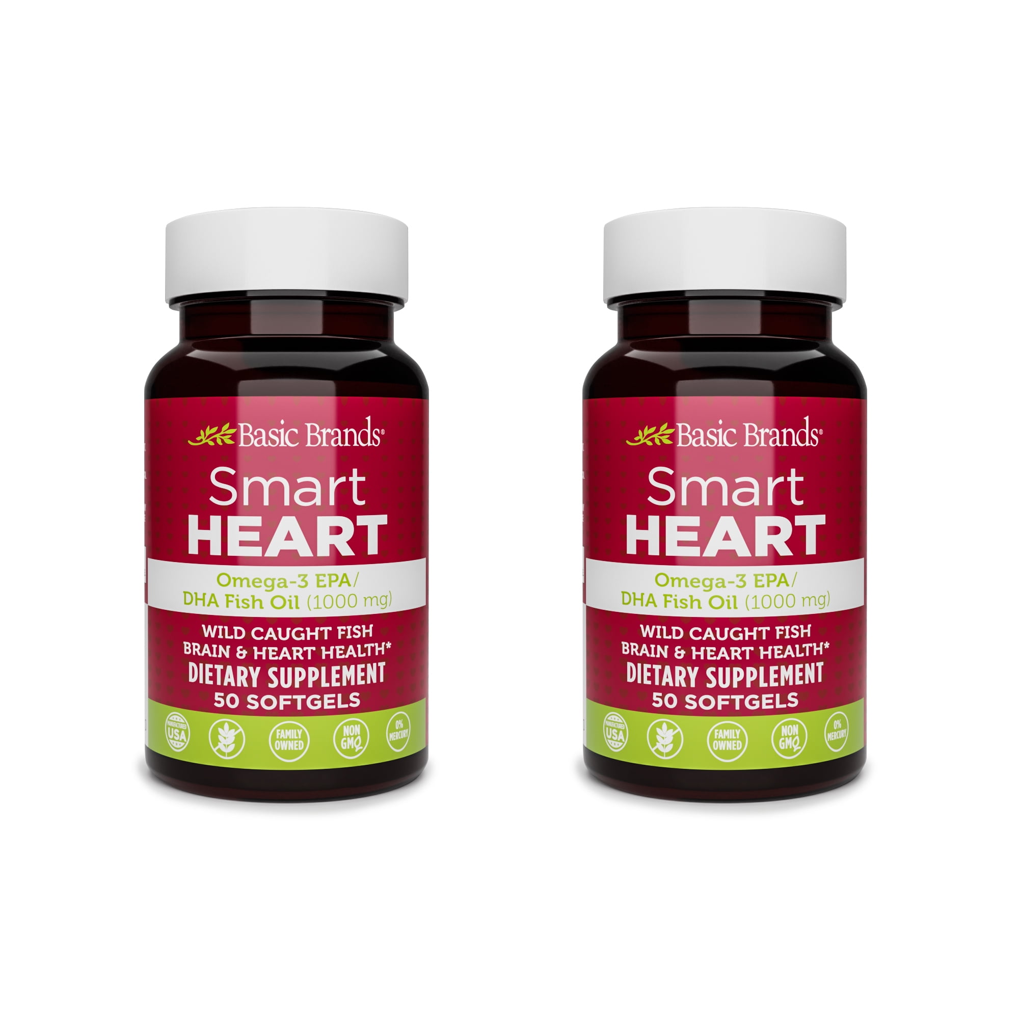 Basic Brands SMART HEART Omega-3 Fish Oil, 1000 mg, 50 Count (Pack of 2)