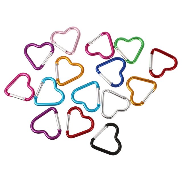 Mosquetones con anilla en D para mochila, 15 unidades, de aleación de aluminio con forma de corazón