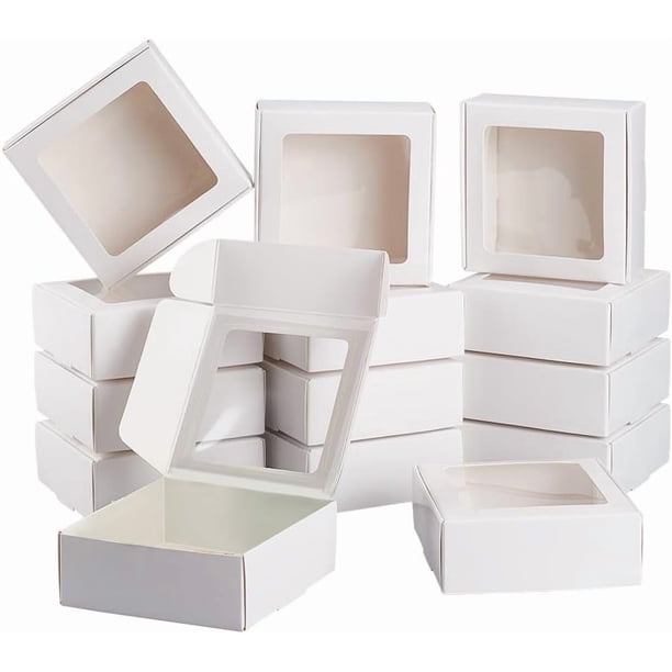 Paquete de 20 cajas de papel kraft blanco con ventana transparente, 3,6 x 3,6 x 1,4 pulgadas, para envolver regalos.