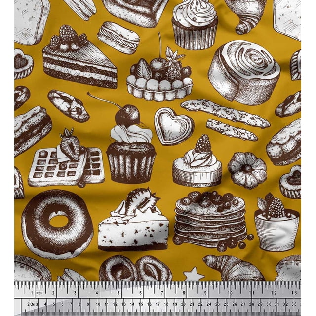 Soimoi polyester Crepe Fabric Cupcake,Donut & Cookies Food Print Fabric by Yard 52 Inch Wide