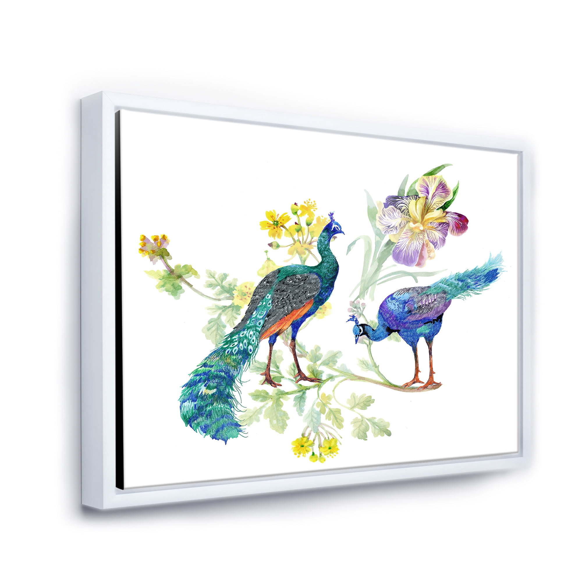 Designart 'Iris Flowers and Peacocks' Traditional Framed Canvas Wall Art Print