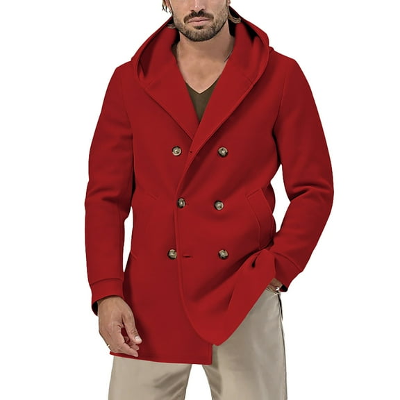QHFBli Lightweight Mens Trench Coat Men's Classic Double Hooded Anorak Coat Winter Warm Heavyweight Windbreaker with Red L