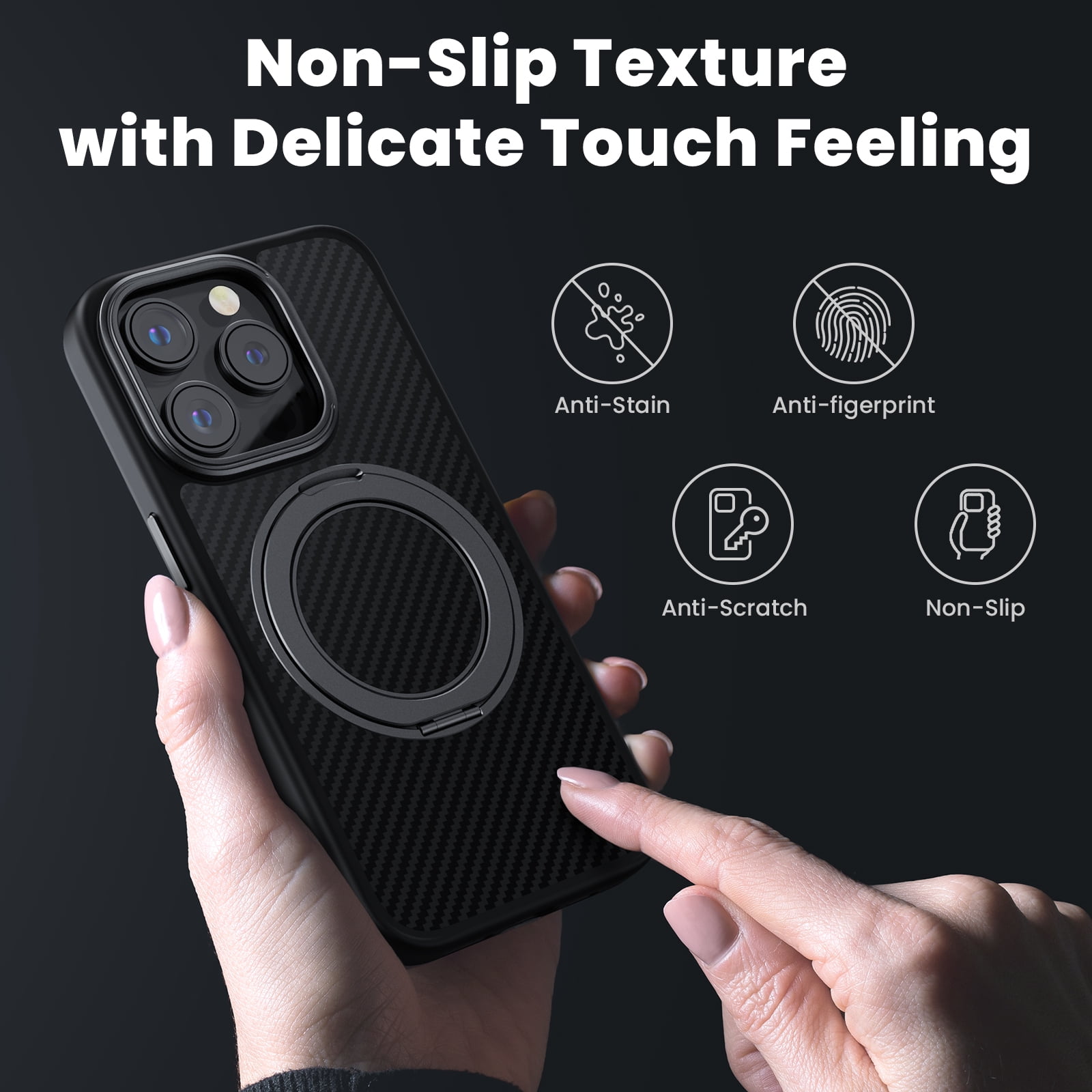 TOPVISION Magnetic Phone Case for iPhone 15 Pro, Kevlar Case with Ring Stand, MagSafe Compatible