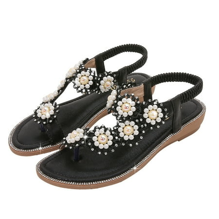 

Bosleng summer rhinestone breathable antiskid women sandal beading leaky toe beach shoes